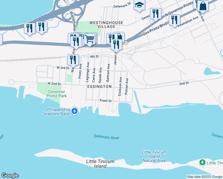 map of restaurants, bars, coffee shops, grocery stores, and more near 132 Jansen Avenue in Essington