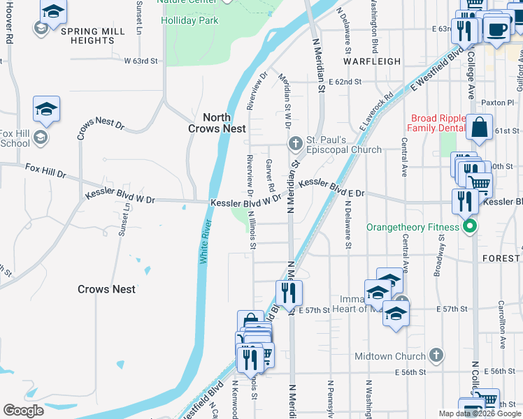 map of restaurants, bars, coffee shops, grocery stores, and more near 30 Kessler Boulevard West Drive in Indianapolis