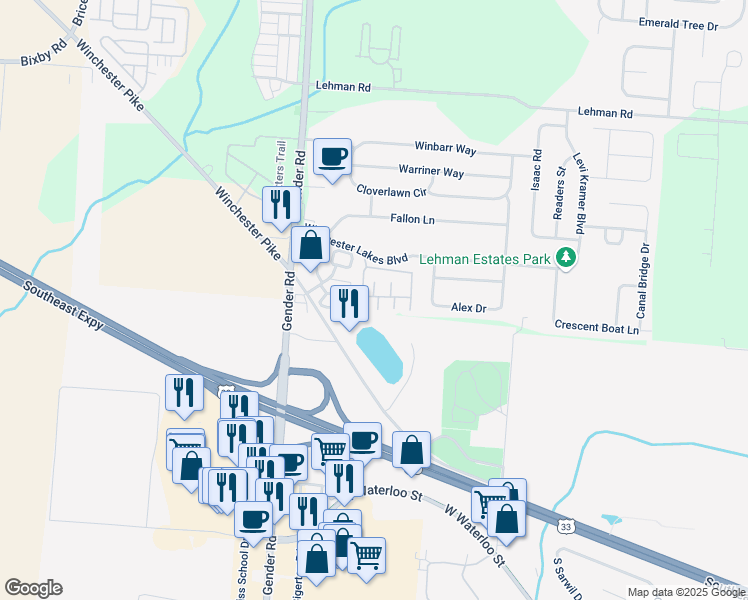 map of restaurants, bars, coffee shops, grocery stores, and more near 6621 Kodiak Drive in Canal Winchester