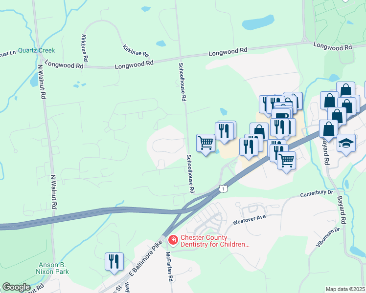 map of restaurants, bars, coffee shops, grocery stores, and more near 313 Cherry Lane in Kennett Square