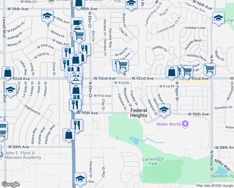 map of restaurants, bars, coffee shops, grocery stores, and more near 9151 Fontaine Street in Federal Heights
