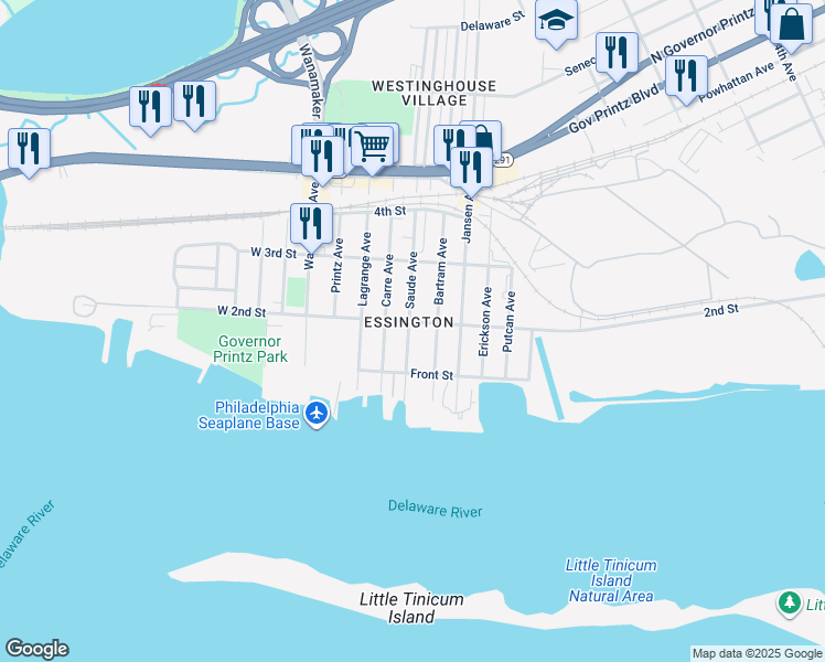 map of restaurants, bars, coffee shops, grocery stores, and more near 132 Saude Avenue in Tinicum Township