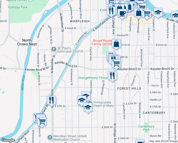 map of restaurants, bars, coffee shops, grocery stores, and more near 402 Kessler Boulevard East Drive in Indianapolis
