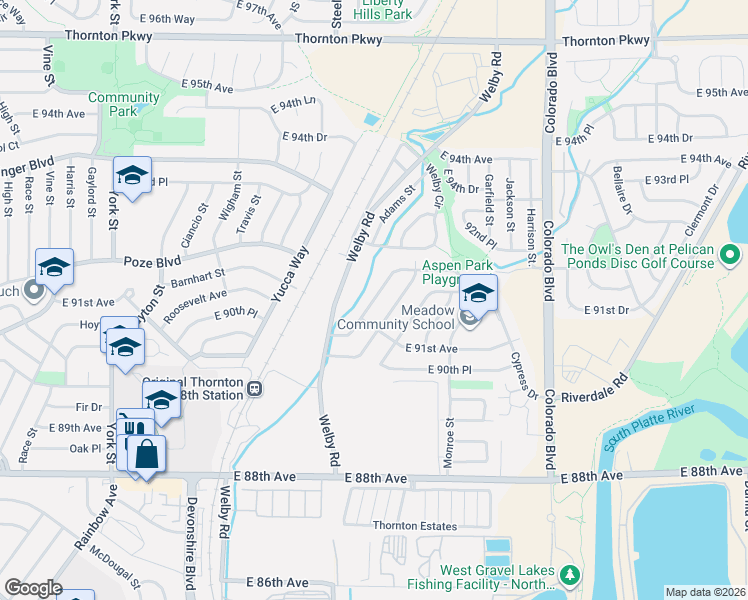 map of restaurants, bars, coffee shops, grocery stores, and more near Aspen Drive in Thornton