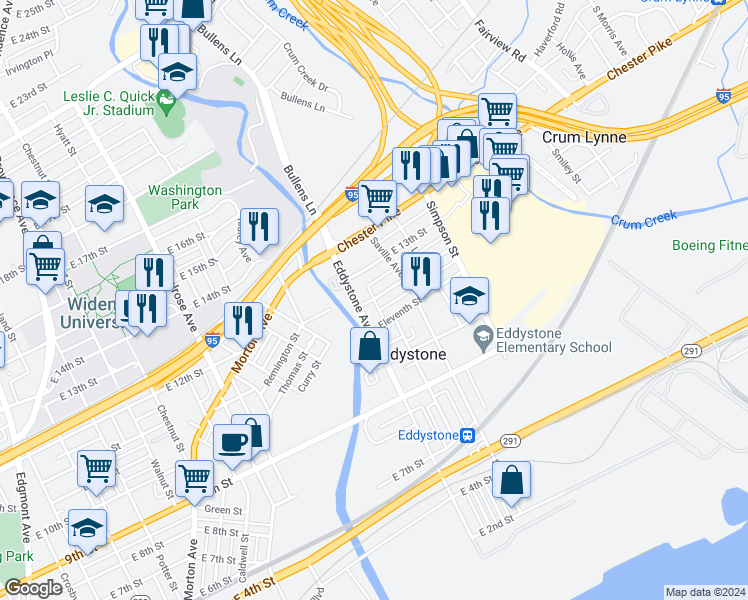 map of restaurants, bars, coffee shops, grocery stores, and more near 1213 E 12th St in Eddystone