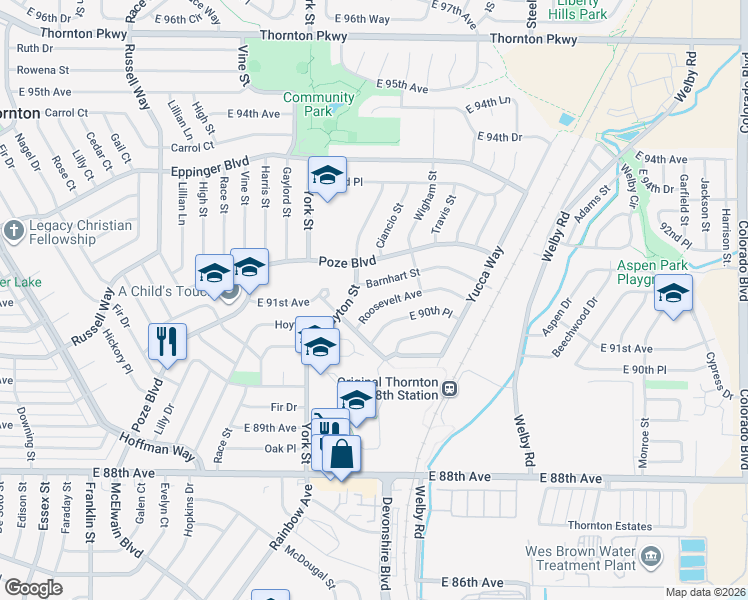 map of restaurants, bars, coffee shops, grocery stores, and more near 2521 Barnhart Street in Thornton