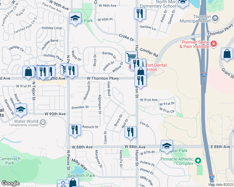 map of restaurants, bars, coffee shops, grocery stores, and more near 9064 Gale Boulevard in Thornton