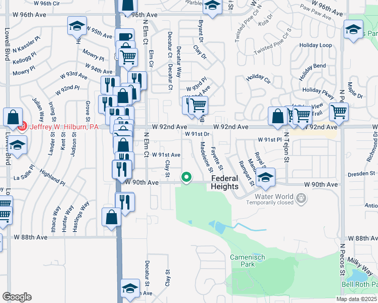 map of restaurants, bars, coffee shops, grocery stores, and more near 2550 West 91st Place in Federal Heights