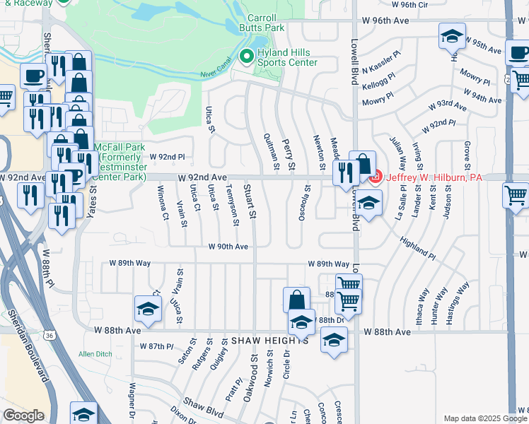map of restaurants, bars, coffee shops, grocery stores, and more near 9150 Stuart Street in Westminster