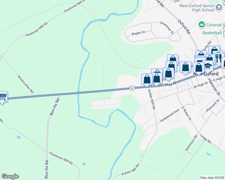 map of restaurants, bars, coffee shops, grocery stores, and more near 4919 York Road in New Oxford