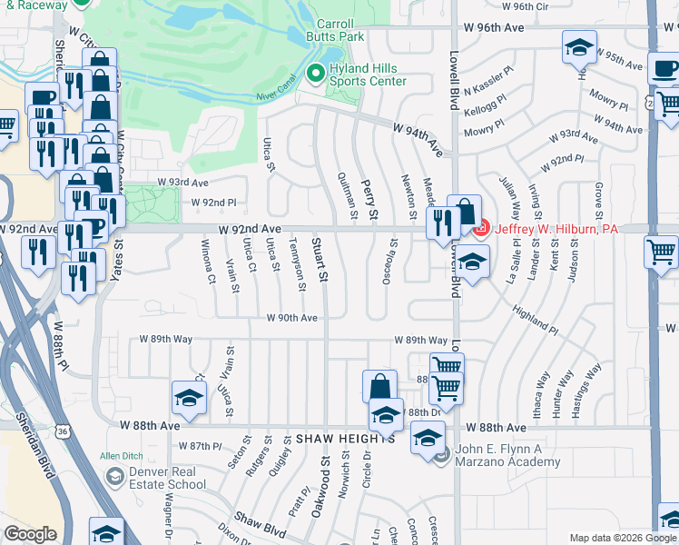 map of restaurants, bars, coffee shops, grocery stores, and more near 9150 Stuart Street in Westminster
