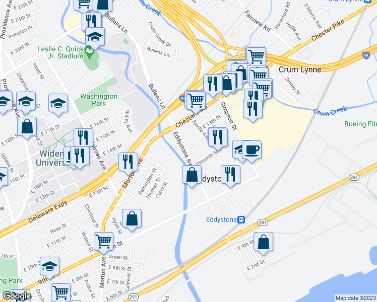 map of restaurants, bars, coffee shops, grocery stores, and more near 1205 Eddystone Avenue in Crum Lynne
