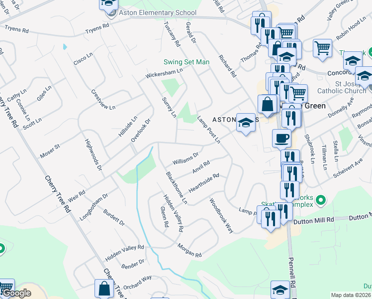 map of restaurants, bars, coffee shops, grocery stores, and more near 3183 Surrey Lane in Aston