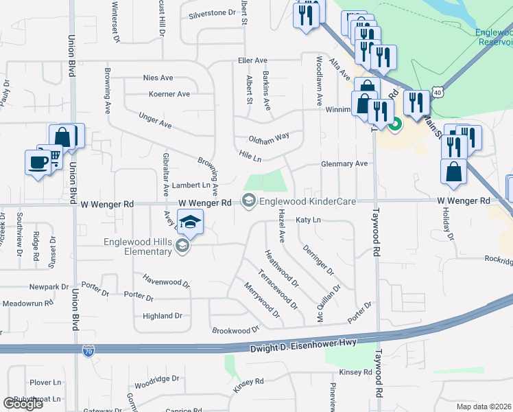 map of restaurants, bars, coffee shops, grocery stores, and more near 419 West Wenger Road in Englewood