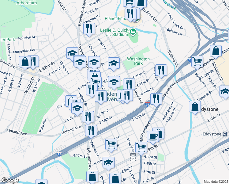 map of restaurants, bars, coffee shops, grocery stores, and more near 1 University Place in Chester