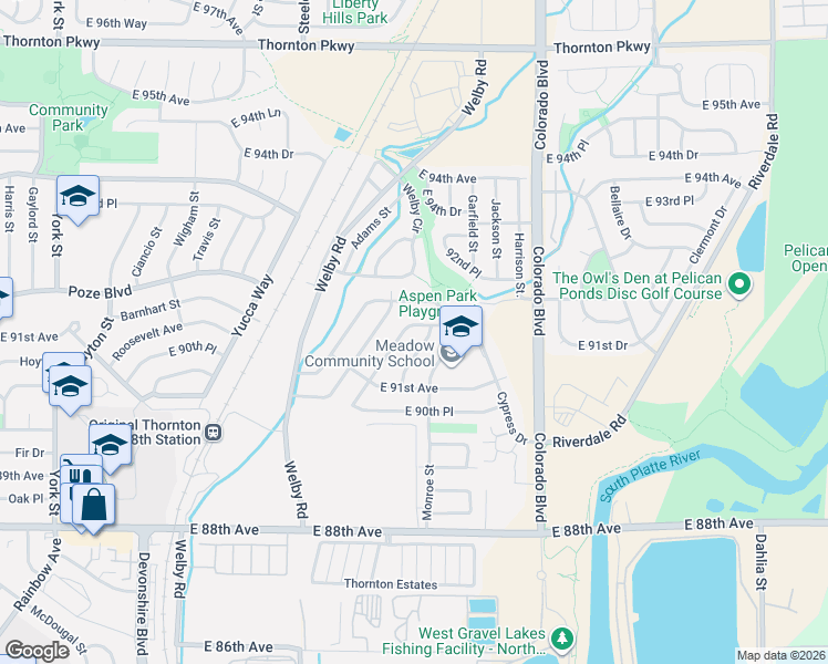 map of restaurants, bars, coffee shops, grocery stores, and more near 9250 Aspen Drive in Thornton