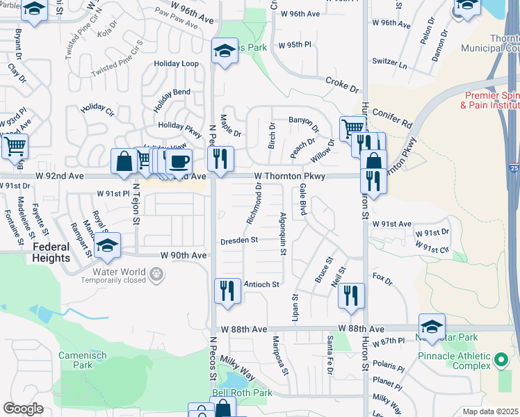 map of restaurants, bars, coffee shops, grocery stores, and more near in Thornton