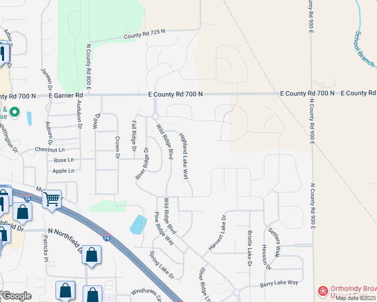 map of restaurants, bars, coffee shops, grocery stores, and more near 1199 Highland Lake Way in Brownsburg