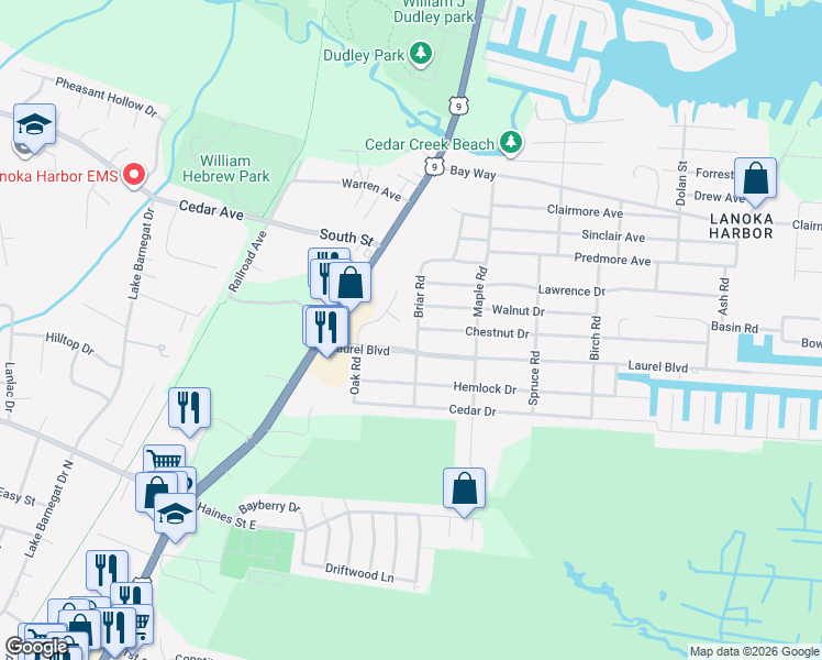 map of restaurants, bars, coffee shops, grocery stores, and more near 754 Briar Road in Lacey Township