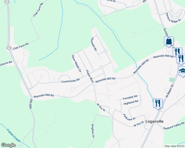 map of restaurants, bars, coffee shops, grocery stores, and more near 601 Countryside Road in Seven Valleys