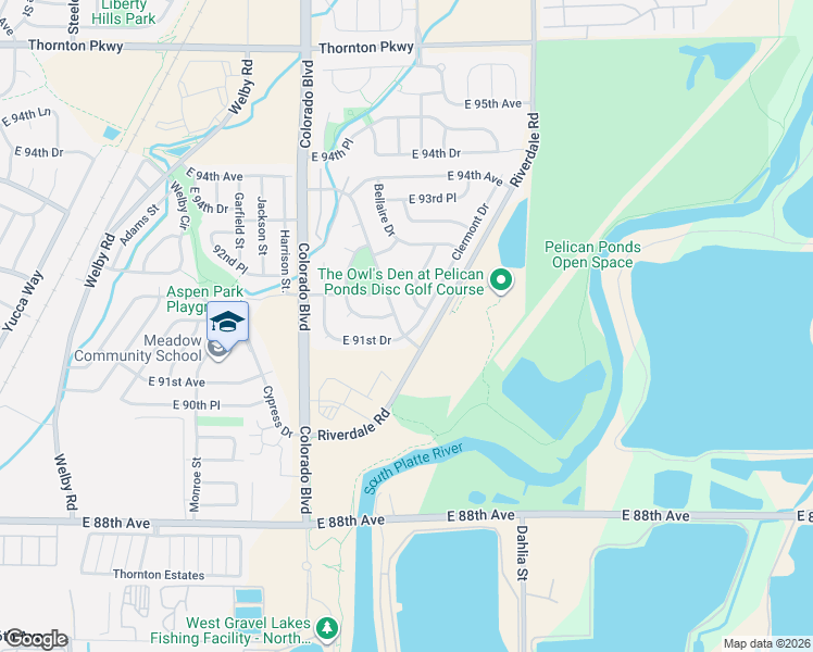 map of restaurants, bars, coffee shops, grocery stores, and more near 4295 East 91st Place in Thornton
