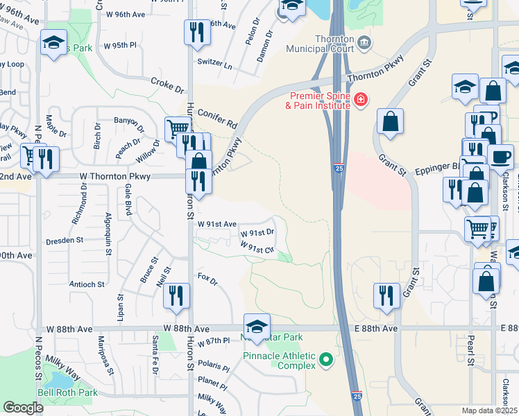 map of restaurants, bars, coffee shops, grocery stores, and more near 501 W 91st Ave in Thornton