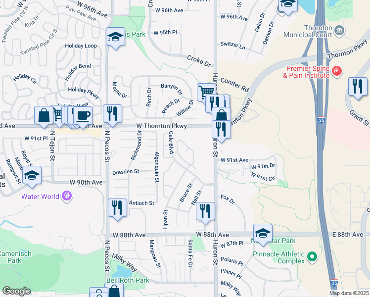 map of restaurants, bars, coffee shops, grocery stores, and more near 9064 Gale Boulevard in Thornton