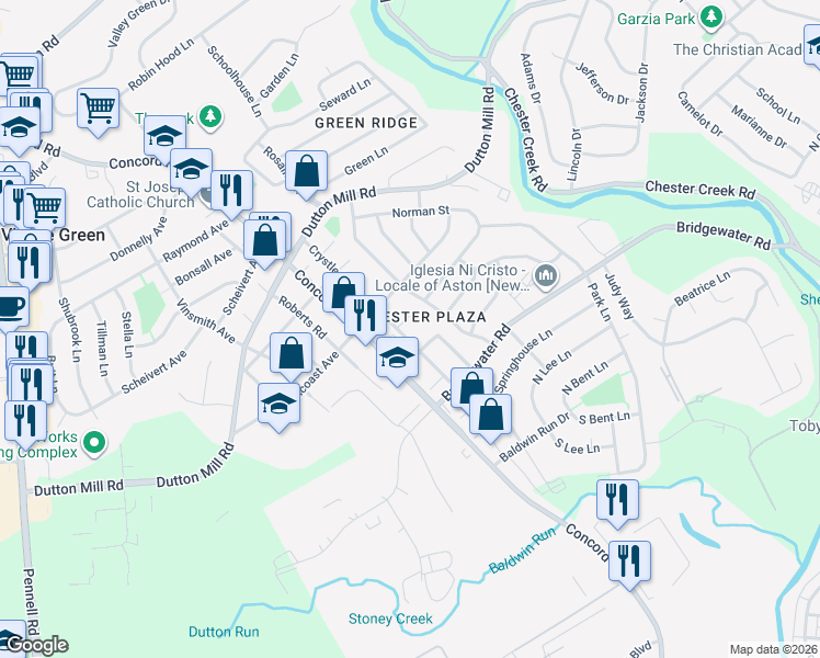 map of restaurants, bars, coffee shops, grocery stores, and more near 903 Crystle Road in Aston