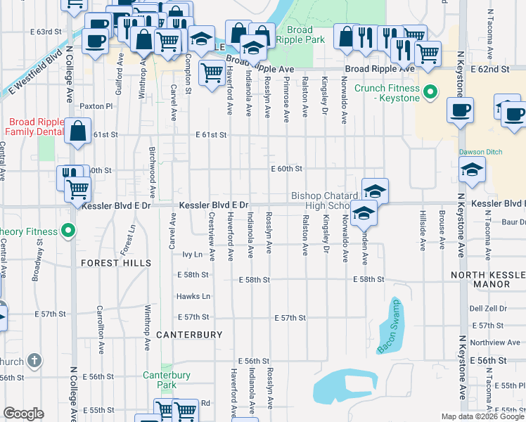 map of restaurants, bars, coffee shops, grocery stores, and more near 1420 Kessler Boulevard East Drive in Indianapolis