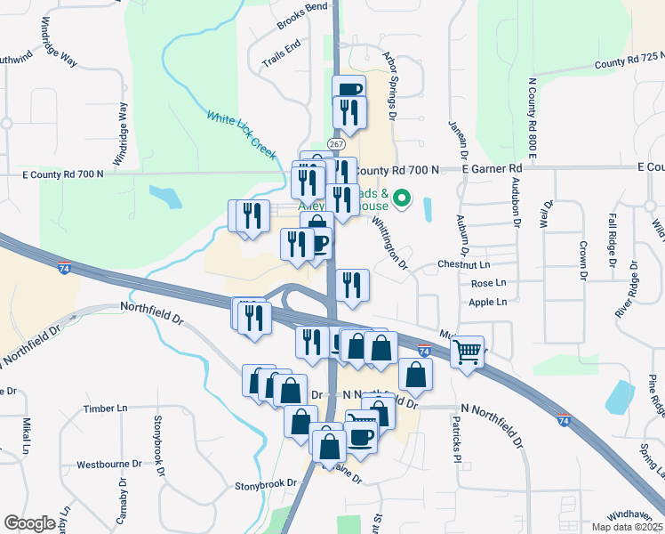map of restaurants, bars, coffee shops, grocery stores, and more near 1376 North Green Street in Brownsburg