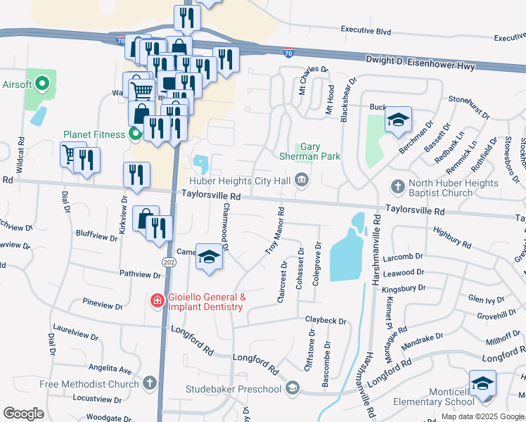 map of restaurants, bars, coffee shops, grocery stores, and more near 5840 Taylorsville Road in Dayton