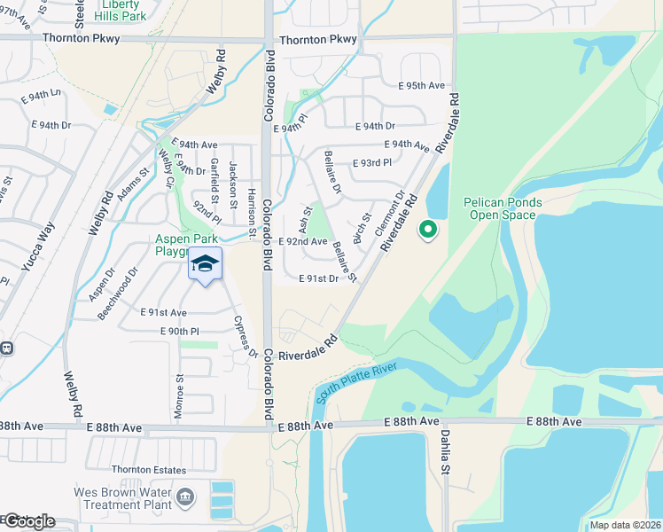 map of restaurants, bars, coffee shops, grocery stores, and more near 4295 East 91st Place in Thornton