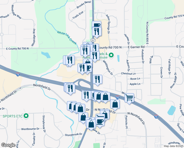 map of restaurants, bars, coffee shops, grocery stores, and more near 1376 North Green Street in Brownsburg