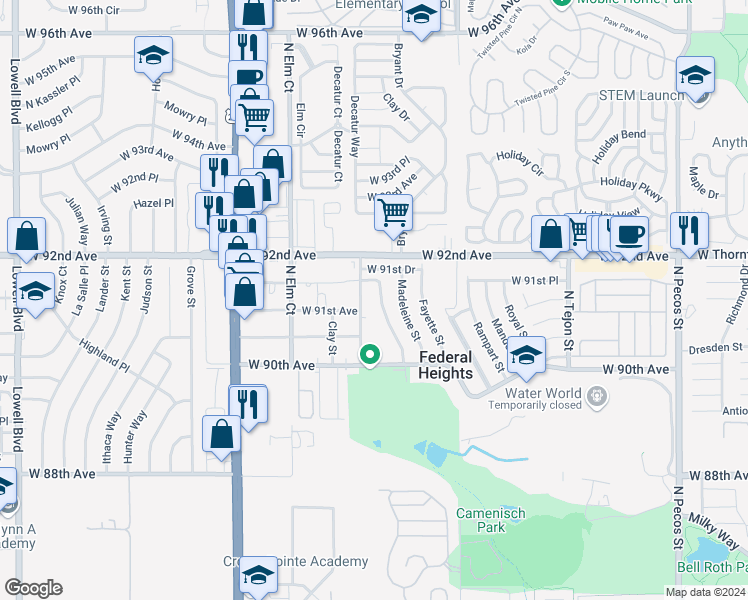 map of restaurants, bars, coffee shops, grocery stores, and more near 9151 Fontaine Street in Federal Heights