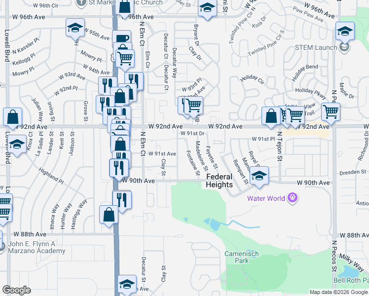 map of restaurants, bars, coffee shops, grocery stores, and more near 9151 Fontaine Street in Federal Heights