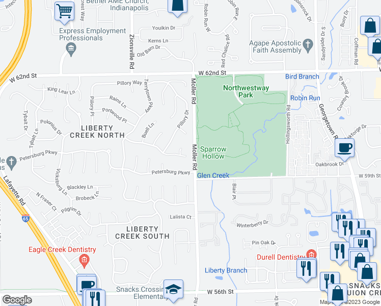 map of restaurants, bars, coffee shops, grocery stores, and more near 5410 Vicksburg Drive in Indianapolis