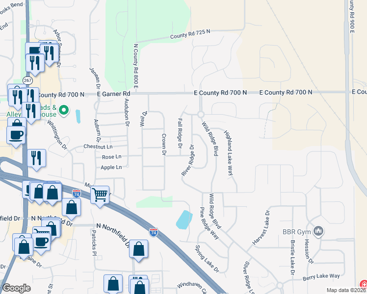 map of restaurants, bars, coffee shops, grocery stores, and more near 1319 Fall Ridge Drive in Brownsburg