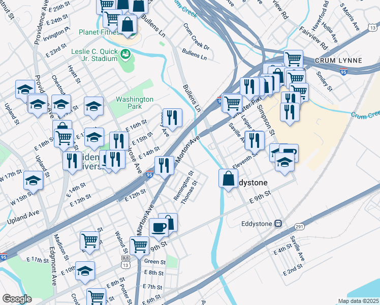 map of restaurants, bars, coffee shops, grocery stores, and more near 1403 Morton Avenue in Chester