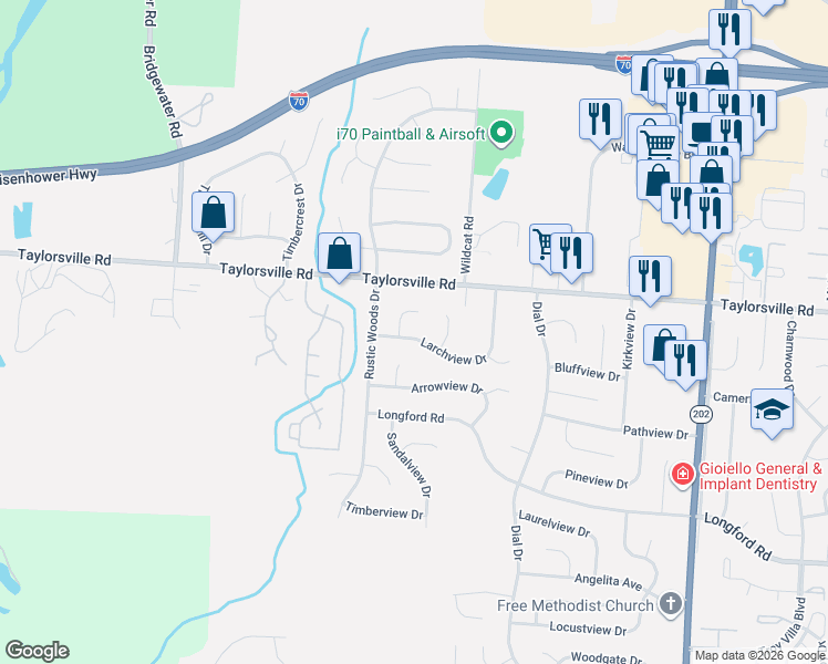 map of restaurants, bars, coffee shops, grocery stores, and more near 7630 Blossomview Court in Dayton