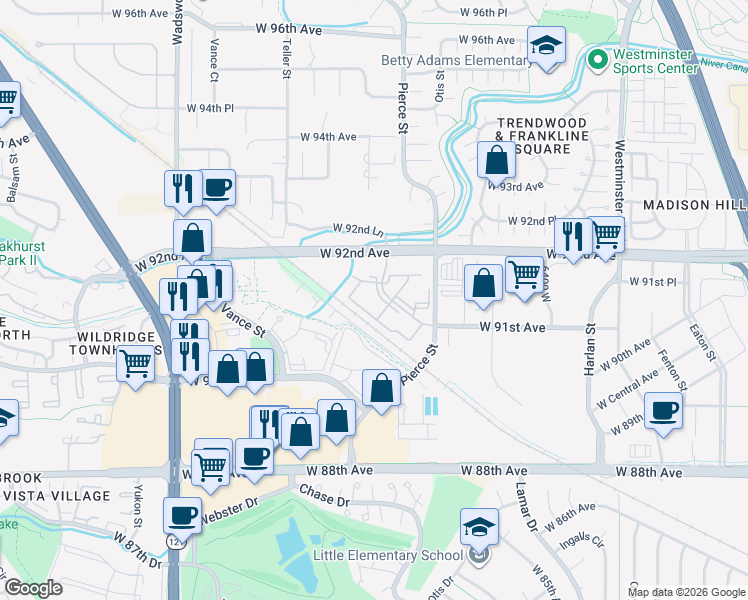 map of restaurants, bars, coffee shops, grocery stores, and more near 6880 West 91st Court in Westminster