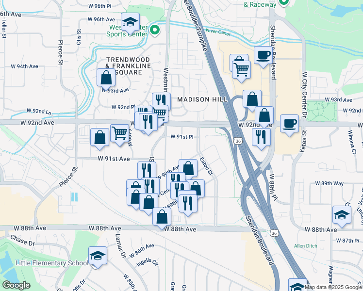 map of restaurants, bars, coffee shops, grocery stores, and more near 9150 Harlan St in Westminster