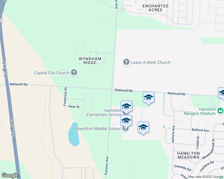map of restaurants, bars, coffee shops, grocery stores, and more near Parsons Ave & Rathmell Rd in Franklin