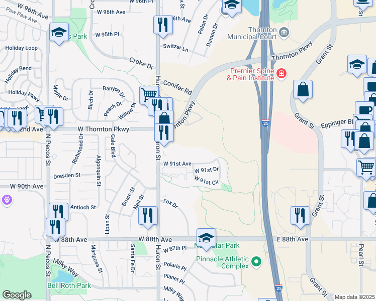 map of restaurants, bars, coffee shops, grocery stores, and more near 773 W 91st Ave in Thornton