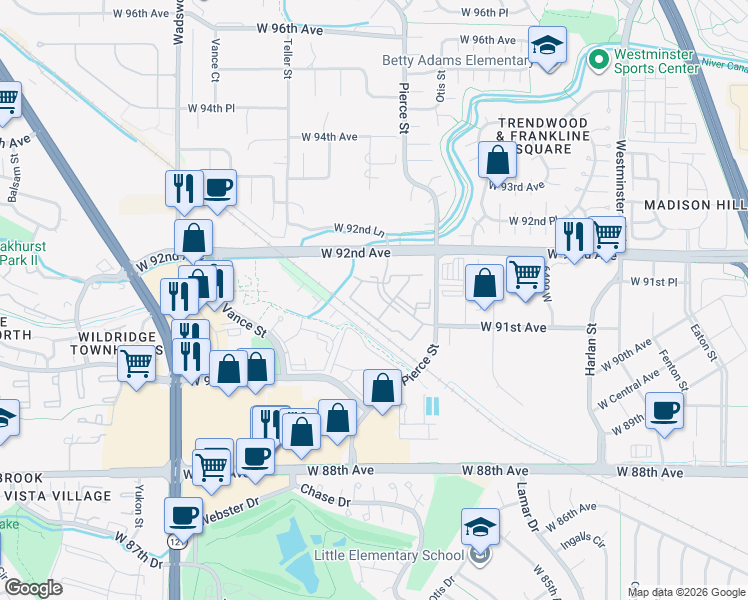 map of restaurants, bars, coffee shops, grocery stores, and more near 6880 West 91st Court in Westminster
