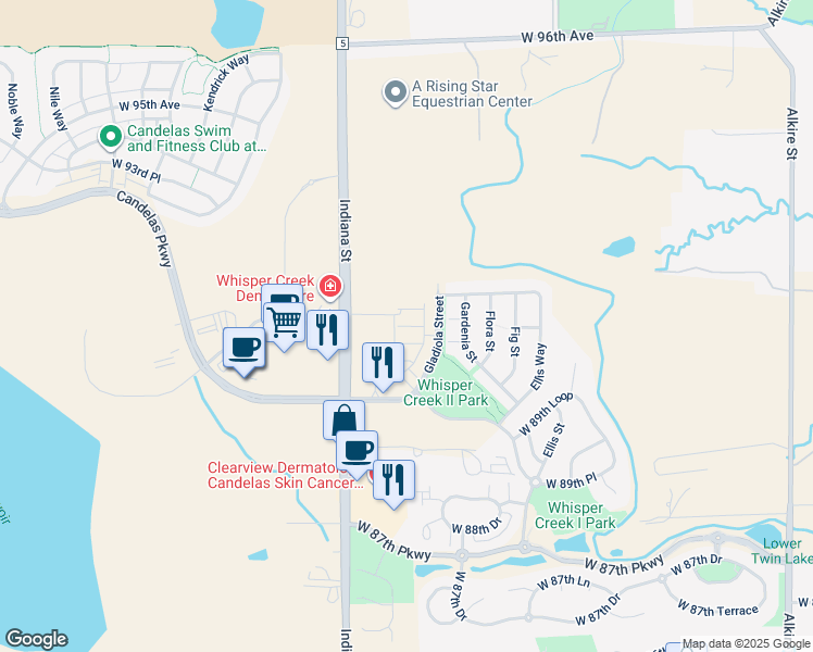 map of restaurants, bars, coffee shops, grocery stores, and more near 9000-9050 Indiana Street in Arvada