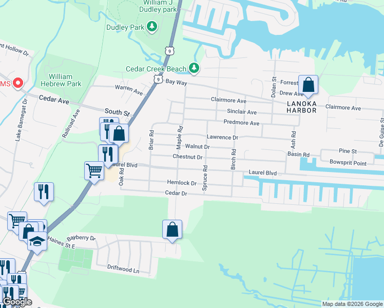 map of restaurants, bars, coffee shops, grocery stores, and more near 218 Walnut Drive in Lacey Township