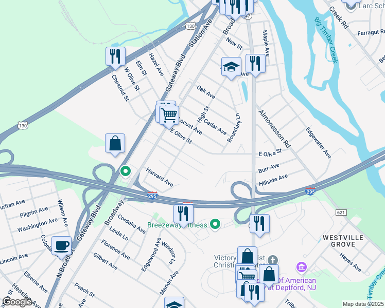 map of restaurants, bars, coffee shops, grocery stores, and more near 112 East Olive Street in Westville