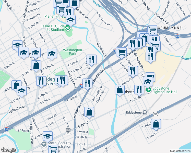 map of restaurants, bars, coffee shops, grocery stores, and more near 1403 Morton Avenue in Chester