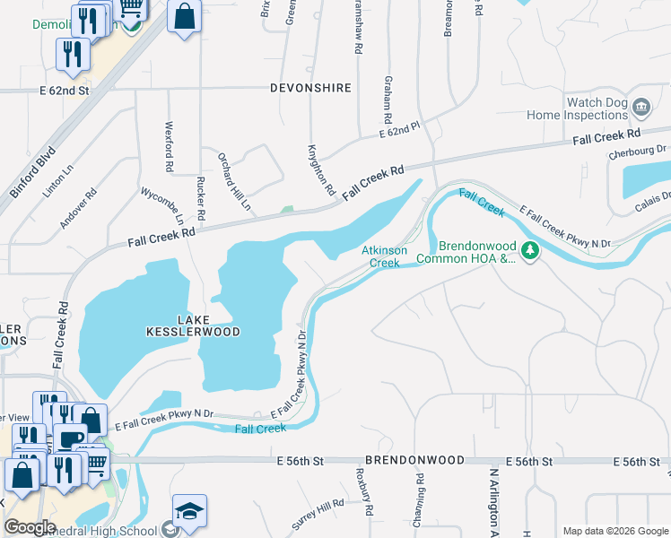 map of restaurants, bars, coffee shops, grocery stores, and more near 5810 Fall Creek Road in Indianapolis