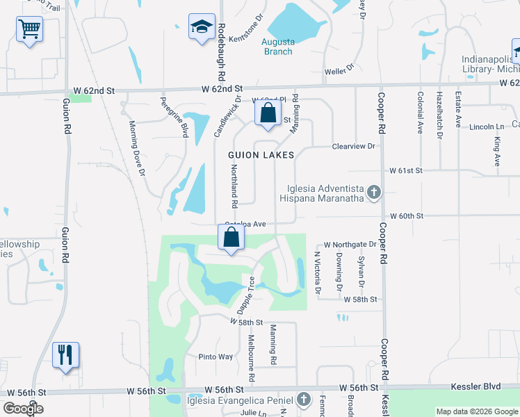 map of restaurants, bars, coffee shops, grocery stores, and more near 5959 Melbourne Road in Indianapolis